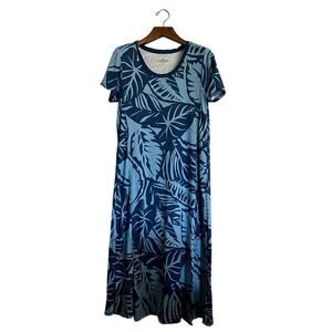 Cuddl Duds Maxi Dress Women Sz L Short Sleeve Stretch Flexwear Teal Palm Leaves